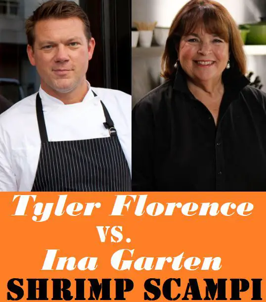 Image with the words Tyler Florence vs Ina Garten - Shrimp Scampi