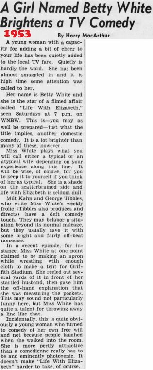 An image of a news article on Betty White withe the title A Girl Named Betty White Brightens a TV Comedy