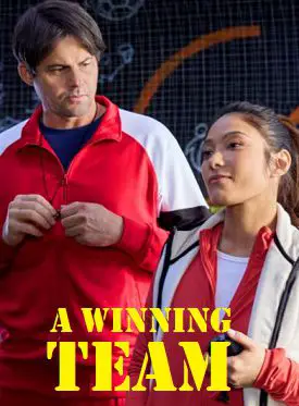 This is an image of Nadia Hatta and Kristoffer Polaha from A Winning Team with text that reads A Winning Team