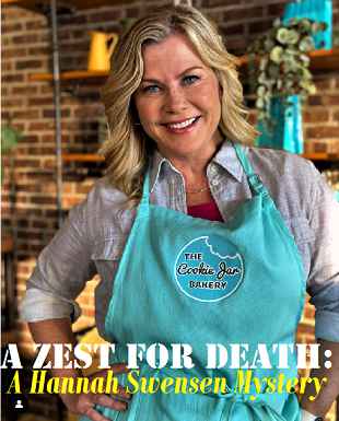 This is a picture of Alison Sweeney and Cameron Mathison starring in the 2023 movie A Zest For Death: A Hannah Swensen Mystery