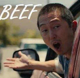 This is an image of Steven Yeun from Beef 2023 Movie with text that reads Beef