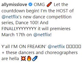 This is an image of Ally Love's Instagram post about Dance 100