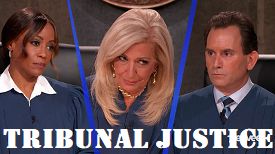 This is an image of the three judges from Tribunal Justice 2023 Amazon Freevee Television series with text that reads Tribunal Justice