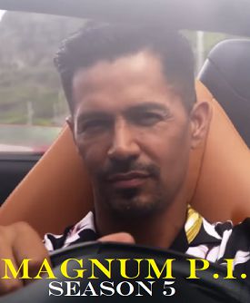 This is an image of Magnum P.I. Season 5 starring Jay Hernandez with text that reads Magnum P.I. Season 5 starring Jay Hernandez