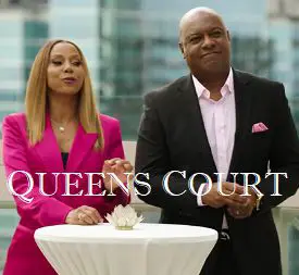 This is an image from the Peacock series Queens Court with text that reads Queens Court