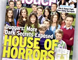 This is an image of the Duggars from the series Shiny Happy People: Duggar Family Secrets Prime Video series with text that reads Shiny Happy People: Duggar Family Secrets