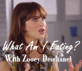 This is an image of Zooey Deschanel from What Am I Eating? With Zooey Deschanel 2023 HBO Max Series with text that reads What Am I Eating? With Zooey Deschanel